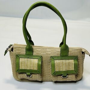 Kate Landry Natural Straw Green Soft Leather Tote Bag W Double Front Pockets